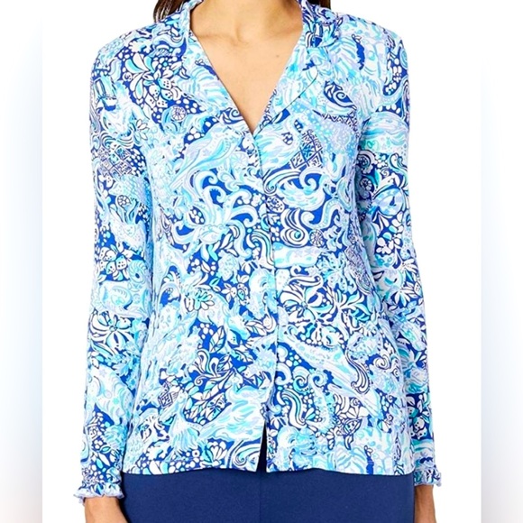 Lilly Pulitzer Medium Royal Purple Animal Viscose Jersey Button Up Top - Picture 2 of 9